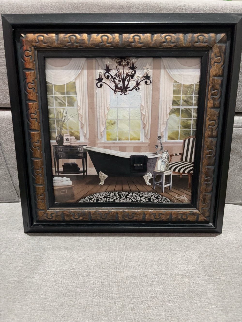 Kirklands Black and Gold Framed Bathroom Artwork 17x17 in